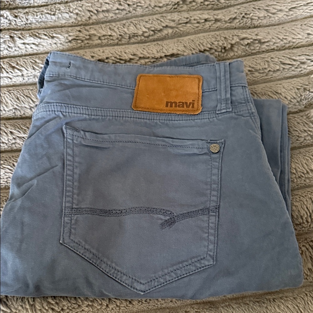 Mavi Men's Slate Blue Slim Straight Jeans with Tan Leather Patch
